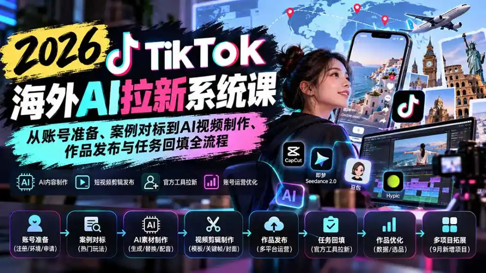 【无水印】2026 TikTok海外AI拉新系统课:从账号准备、案例对标到AI视频制作、作品发布与任务回填全流程-科技美南博客