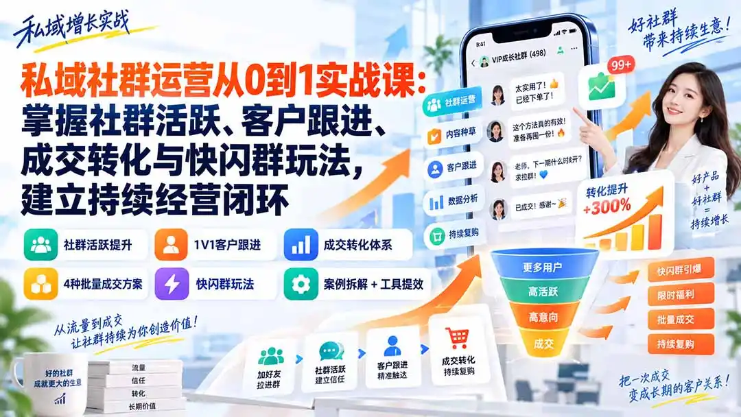 私域社群运营从0到1实战课：掌握社群活跃、客户跟进、成交转化与快闪群玩法，建立持续经营闭环-科技美南博客
