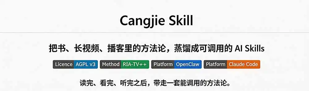 图片[1]-全网走红！GitHub上6.7K Star的开源项目，把任何书、长视频、播客蒸馏成AI工具，值得收藏 cangjie-skill-科技美南博客
