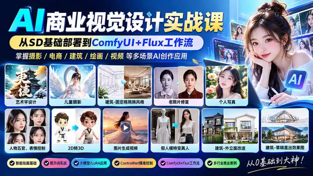 【无水印】AI商业视觉设计实战课：从SD基础部署到ComfyUI+Flux工作流，掌握摄影电商建筑AI创作-科技美南博客