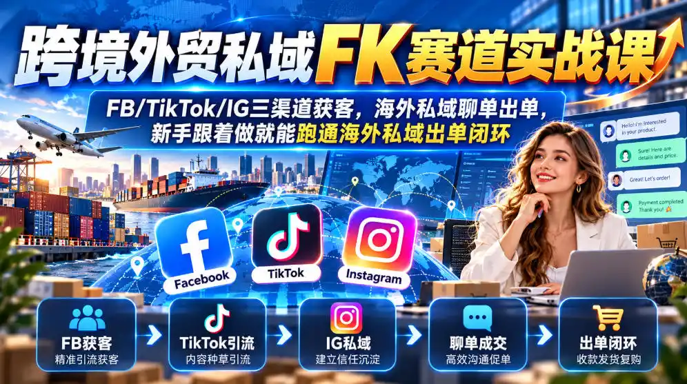 跨境外贸私域FK赛道实战课｜FB/TikTok/IG三渠道获客，海外私域聊单出单，新手跟着做就能跑通海外私域出单闭环-科技美南博客