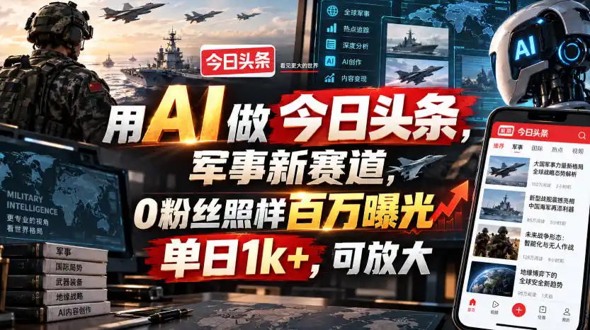 用AI做今日头条，军事新赛道，0粉丝照样百万曝光，单日1k+，可放大-科技美南博客