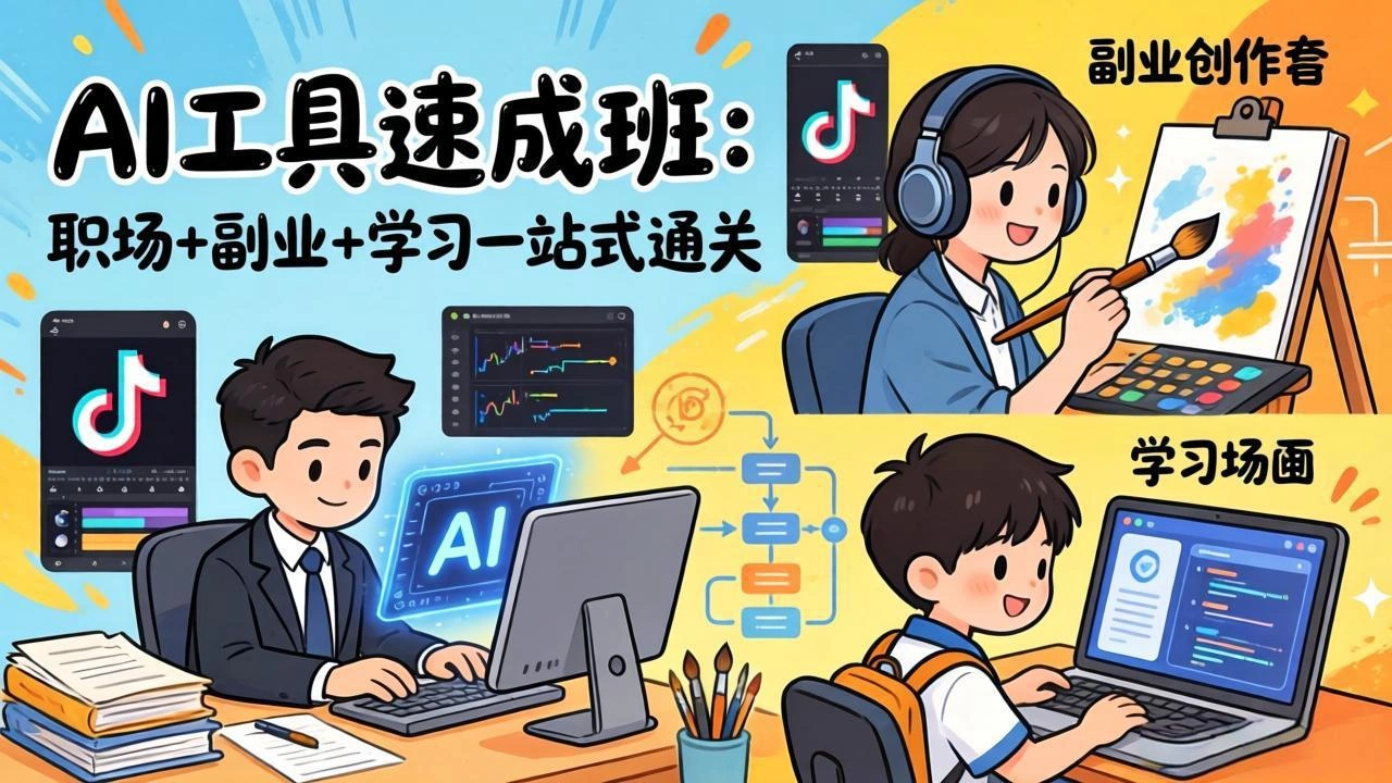 AI工具速成班：职场+副业+学习一站式通关，20+爆款类型+剪映技巧+抖音算法，0基础快速上手-科技美南博客
