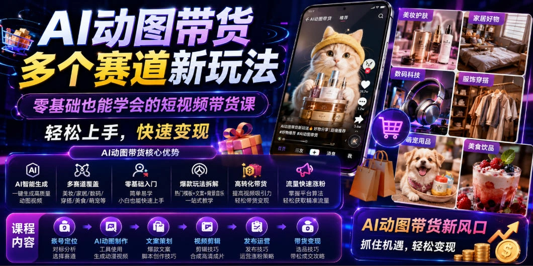 AI动图带货多个赛道新玩法，零基础也能学会的短视频带货课，轻松上手，快速变现-科技美南博客