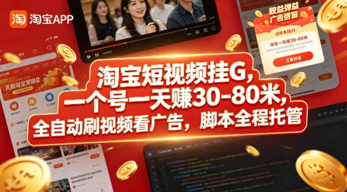 淘宝短视频挂G，一个号一天 賺30-80米，全自动刷视频看广告，脚本全程托管【揭秘】-科技美南博客