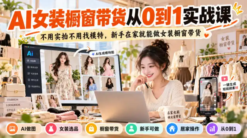 AI女装橱窗带货从0到1实战课，不用实拍不用找模特，新手在家就能做女装橱窗带货-科技美南博客