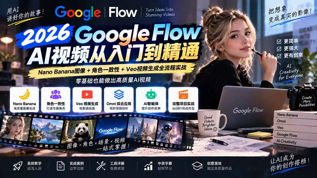 【无水印】Google Flow AI视频从入门到精通：Nano Banana图像+角色一致性+Veo视频生成全流程实战-精翻中英字幕-科技美南博客
