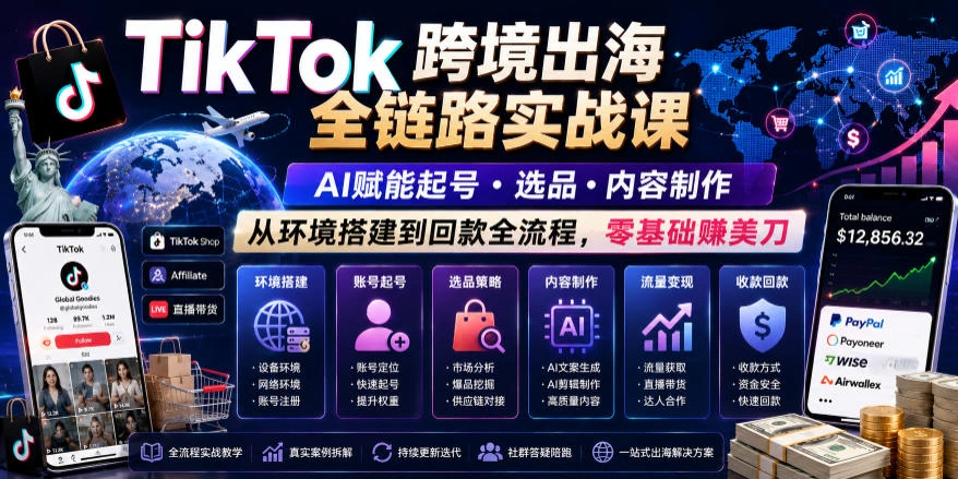 TikTok跨境出海全链路实战课，AI赋能起号・选品・内容制作，从环境搭建到回款全流程，零基础賺美刀-科技美南博客