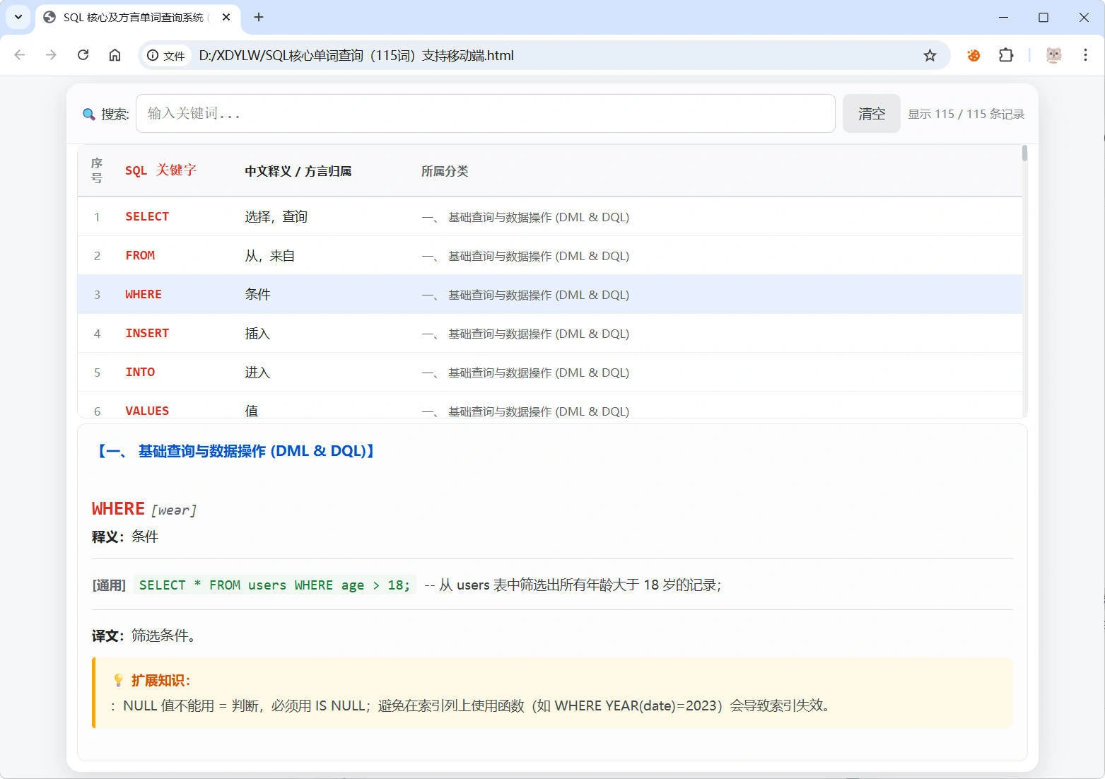 SQL常用核心单词查询115词html源码-科技美南博客