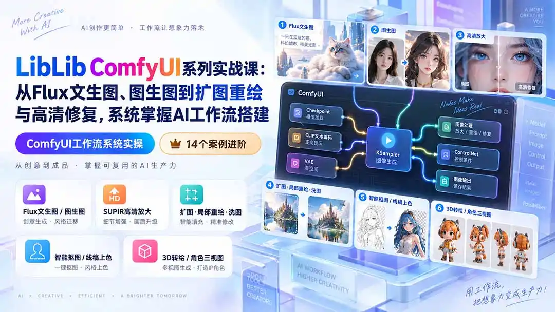 LibLib ComfyUI系列实战课：从Flux文生图、图生图到扩图重绘与高清修复，系统掌握AI工作流搭建-科技美南博客