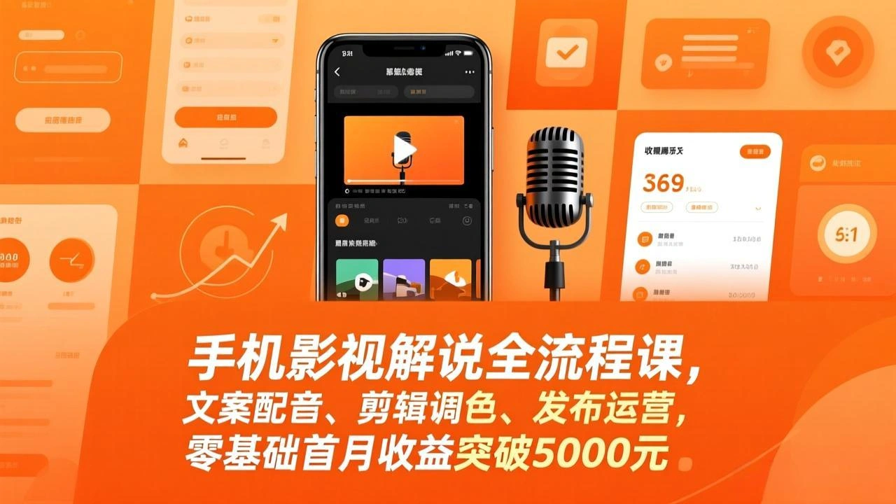 手机影视解说全流程课，文案配音、剪辑调色、发布运营，零基础首月收益突破5000元-科技美南博客