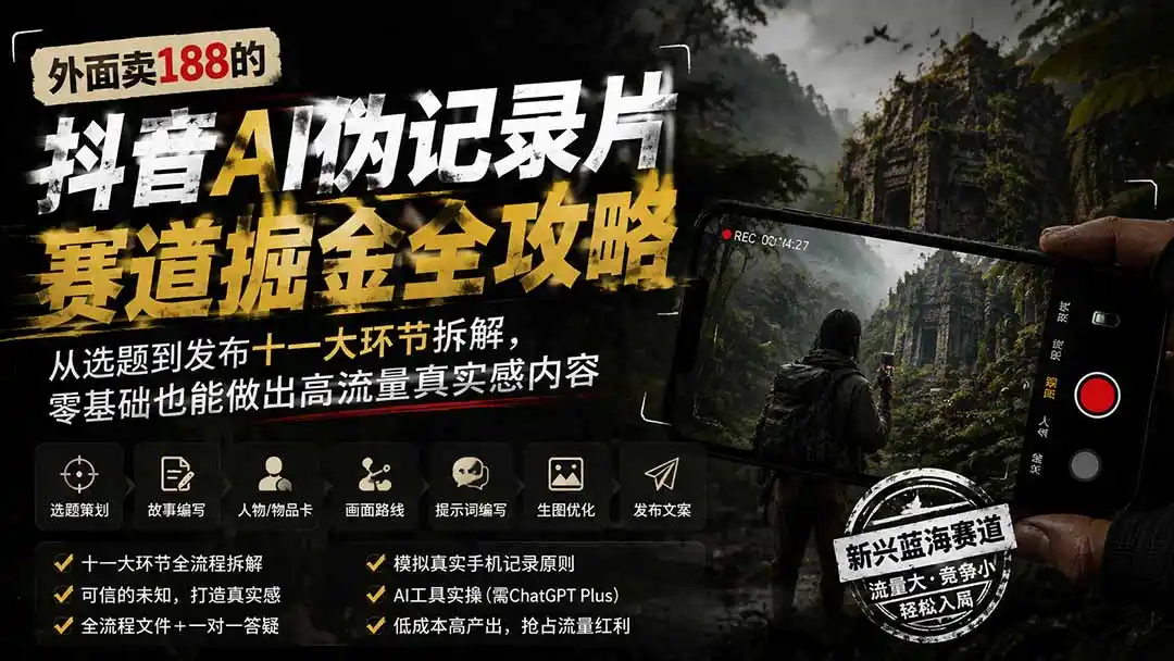 外面卖188的抖音AI伪记录片赛道掘金全攻略;从选题到发布十一大环节拆解,零基础也能做出高流量真实感内容-科技美南博客