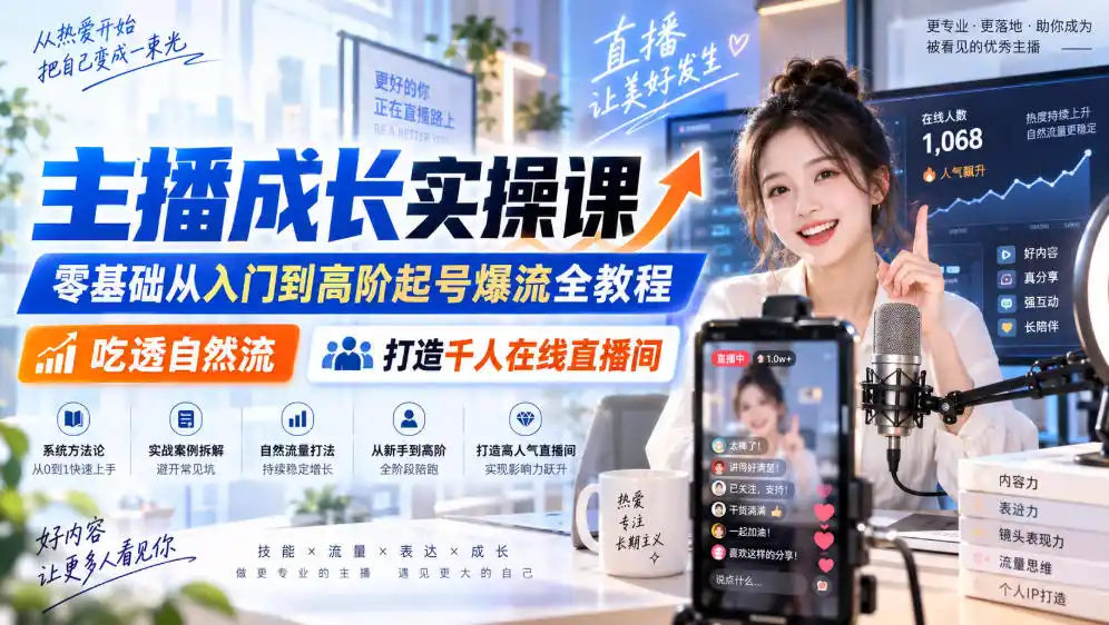主播成长实操课｜零基础从入门到高阶起号爆流全教程，吃透自然流，打造千人在线直播间-科技美南博客