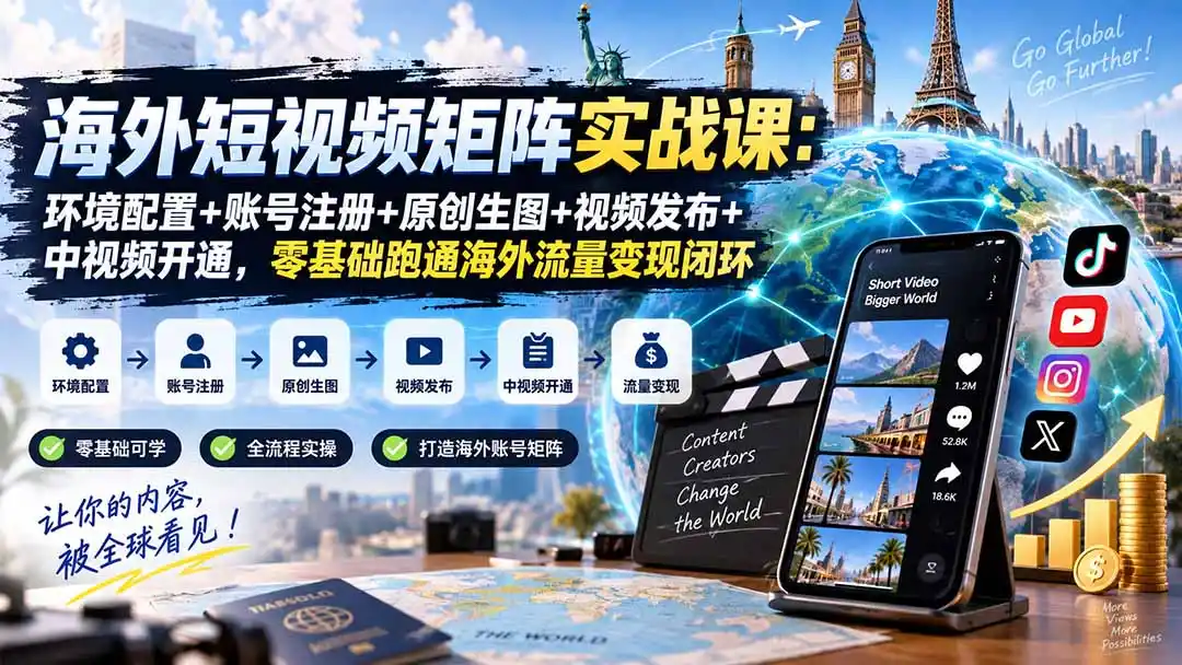 海外短视频矩阵实战课：环境配置+账号注册+原创生图+视频发布+中视频开通，零基础跑通海外流量变现闭环-科技美南博客