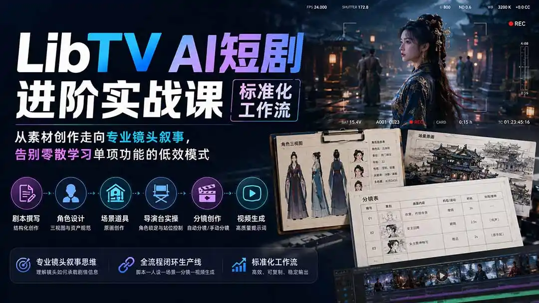 LibTV AI短剧进阶实操课标准化工作流；从素材创作走向专业镜头叙事，告别零散学习单项功能的低效模式-科技美南博客