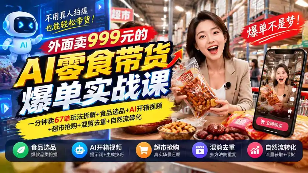 外面卖999元的AI零食带货爆单实战课｜一分钟卖67单玩法拆解+食品选品+AI开箱视频+超市抢购+混剪去重+自然流转化-科技美南博客