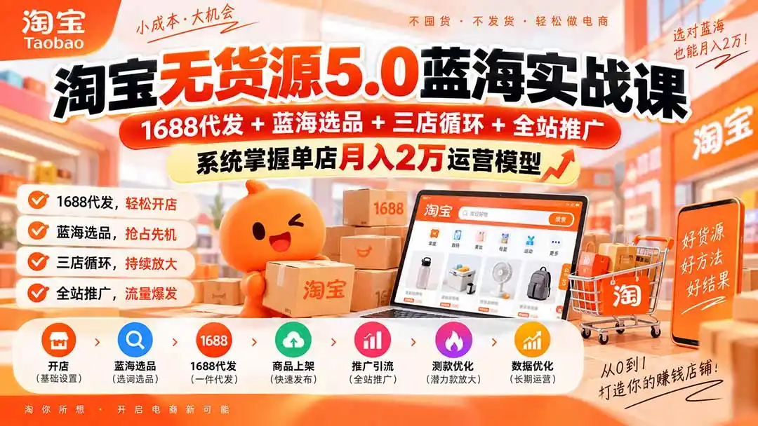 淘宝无货源5.0蓝海实战课-更新：1688代发+蓝海选品+三店循环+全站推广，系统掌握单店月入2万运营模型-科技美南博客