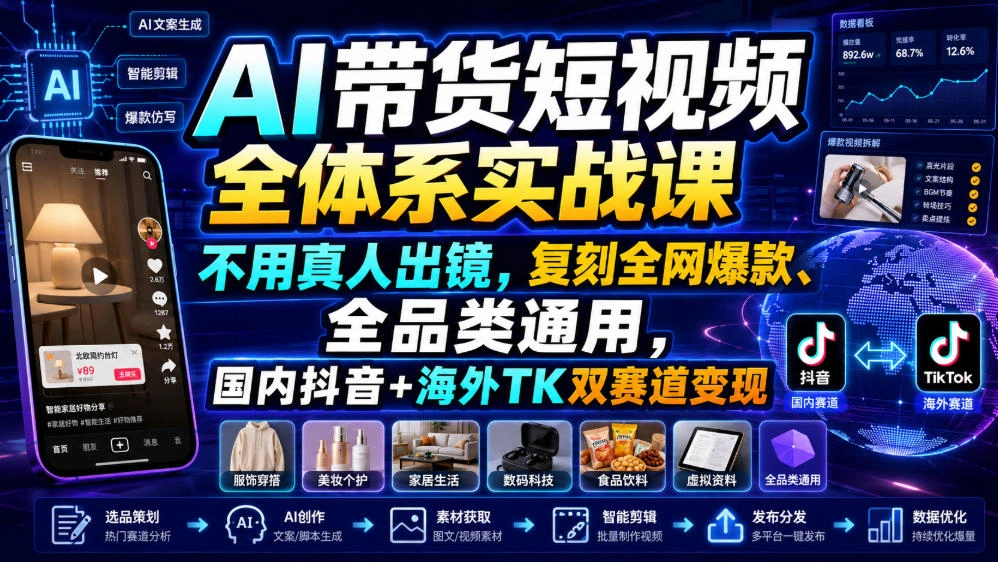 AI带货短视频全体系实战课，不用真人出镜，复刻全网爆款、全品类通用，国内抖音+海外TK双赛道变现-科技美南博客
